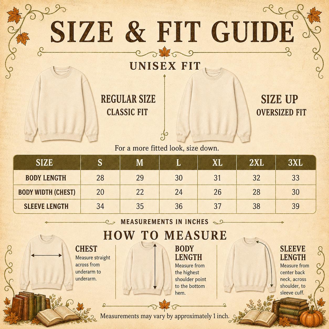 Size and fit guide for Fall Book Lover Sweatshirt with classic and oversized fit recommendations