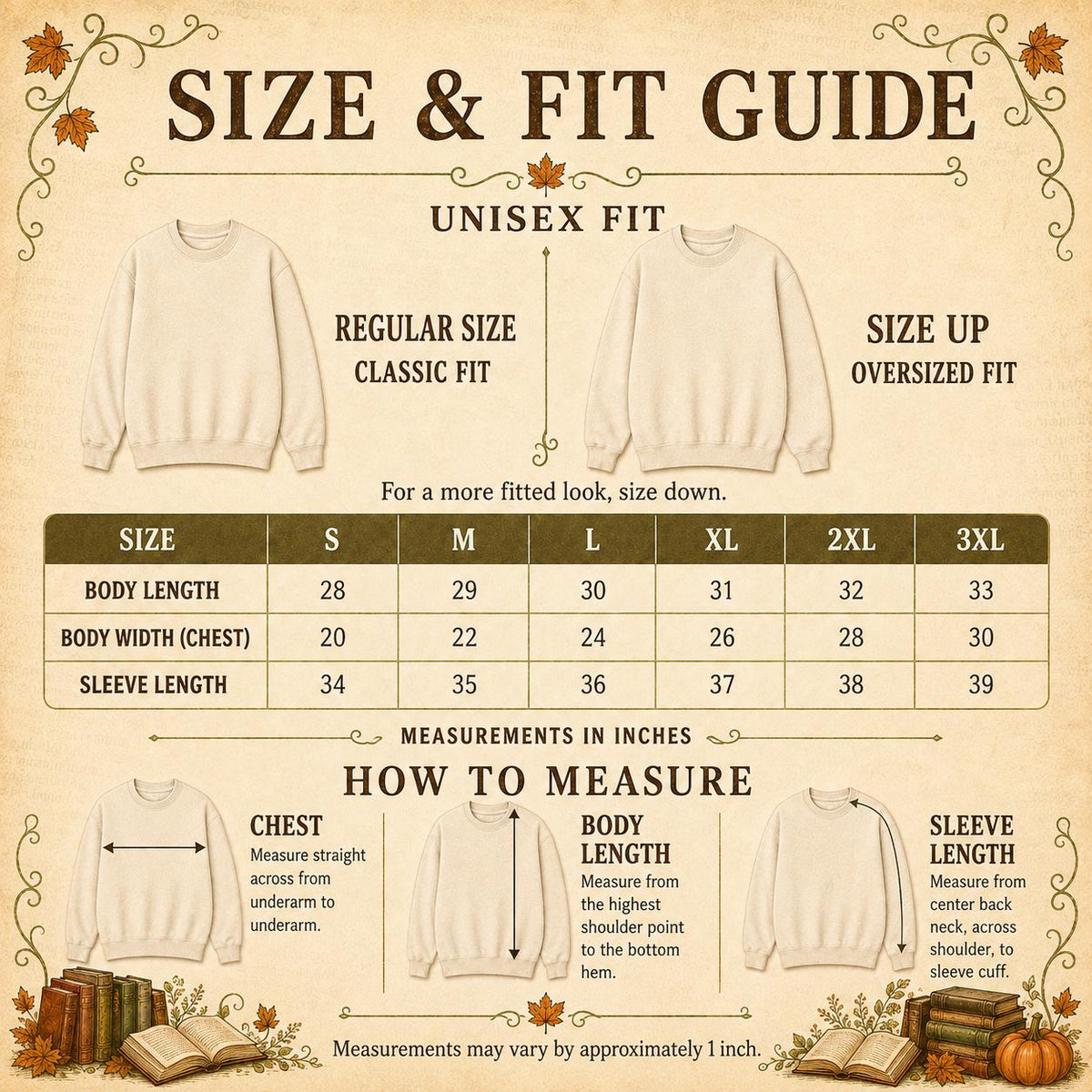 Size and fit guide for Fall Book Lover Sweatshirt with classic and oversized fit recommendations