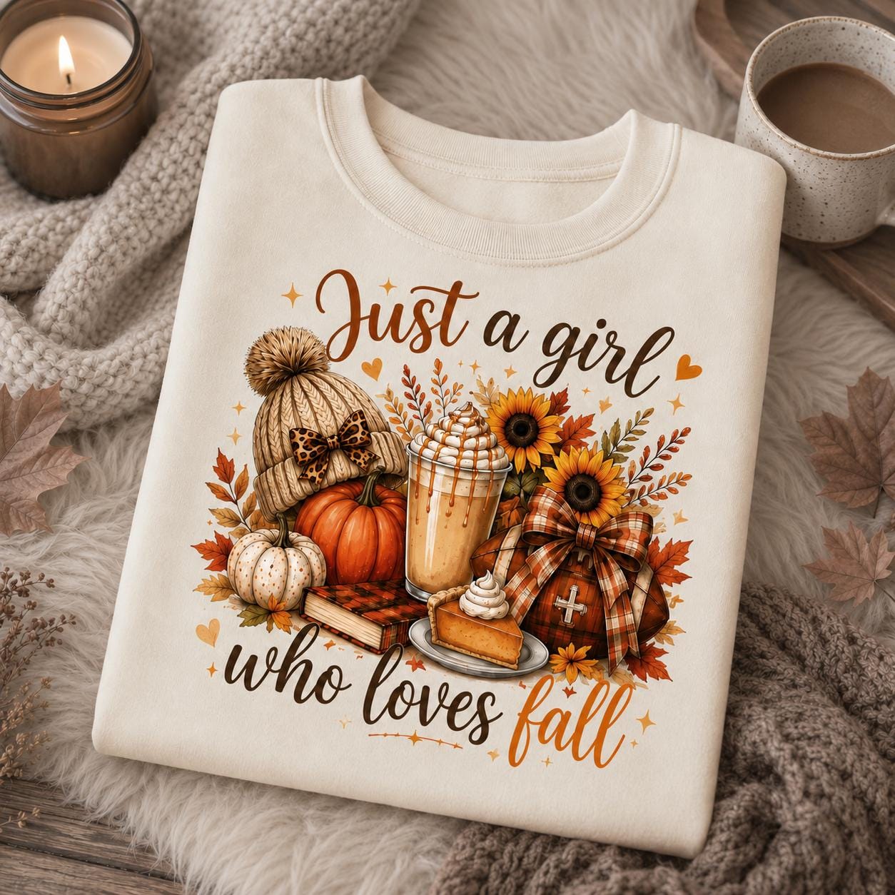 Folded off-white Just a Girl Who Loves Fall Sweatshirt with pumpkin, coffee, sunflower and cozy autumn graphic
