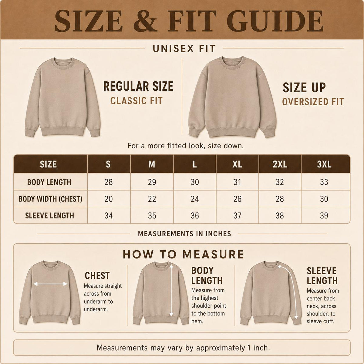 Size and fit guide for Just a Girl Who Loves Fall Sweatshirt with classic and oversized fit recommendations