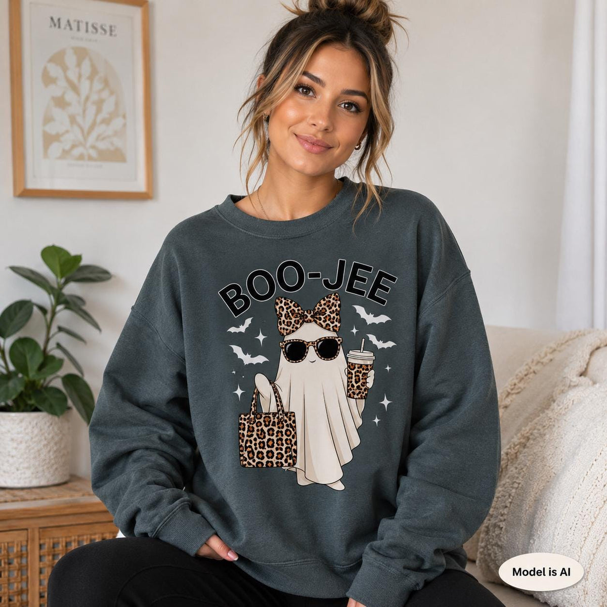 Dark Heather Gray BOO-JEE Halloween Ghost Sweatshirt with leopard print ghost graphic modeled in a cozy indoor setting