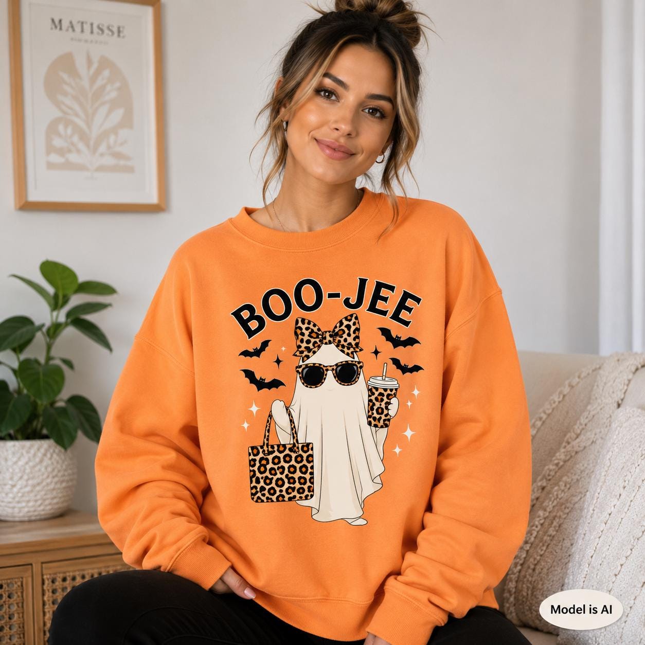 Tangerine Orange BOO-JEE Halloween Ghost Sweatshirt with leopard print ghost graphic modeled in a cozy indoor setting