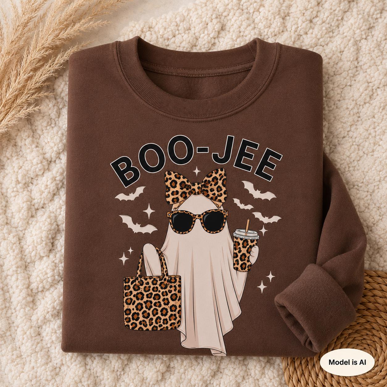 Folded cocoa brown BOO-JEE Halloween Ghost Sweatshirt with leopard print accessories, displayed on a textured cream blanket with fall accents