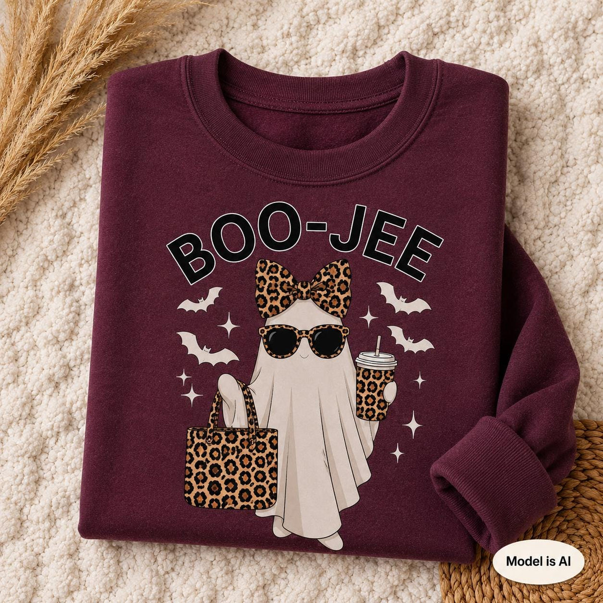 Folded maroon BOO-JEE Halloween Ghost Sweatshirt with leopard print accessories, displayed on a textured cream blanket with fall accents