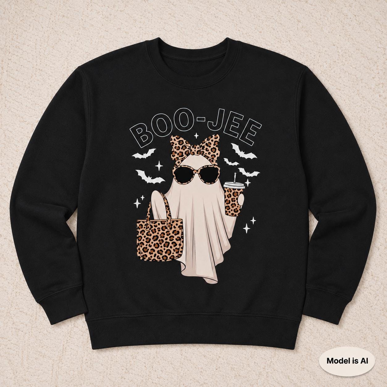 Black BOO-JEE Halloween Ghost Sweatshirt with leopard print ghost graphic displayed flat on a cream textured background