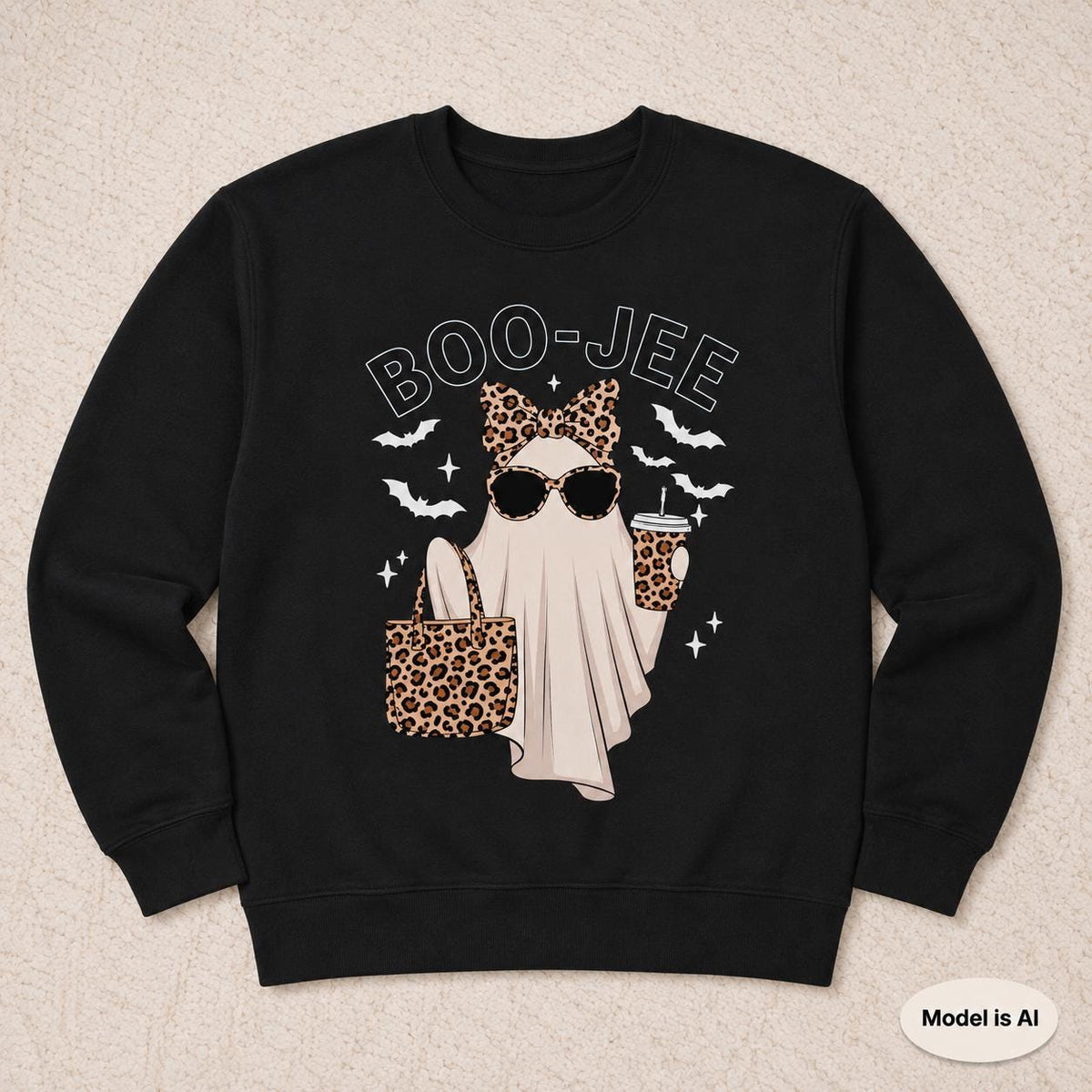 Black BOO-JEE Halloween Ghost Sweatshirt with leopard print ghost graphic displayed flat on a cream textured background