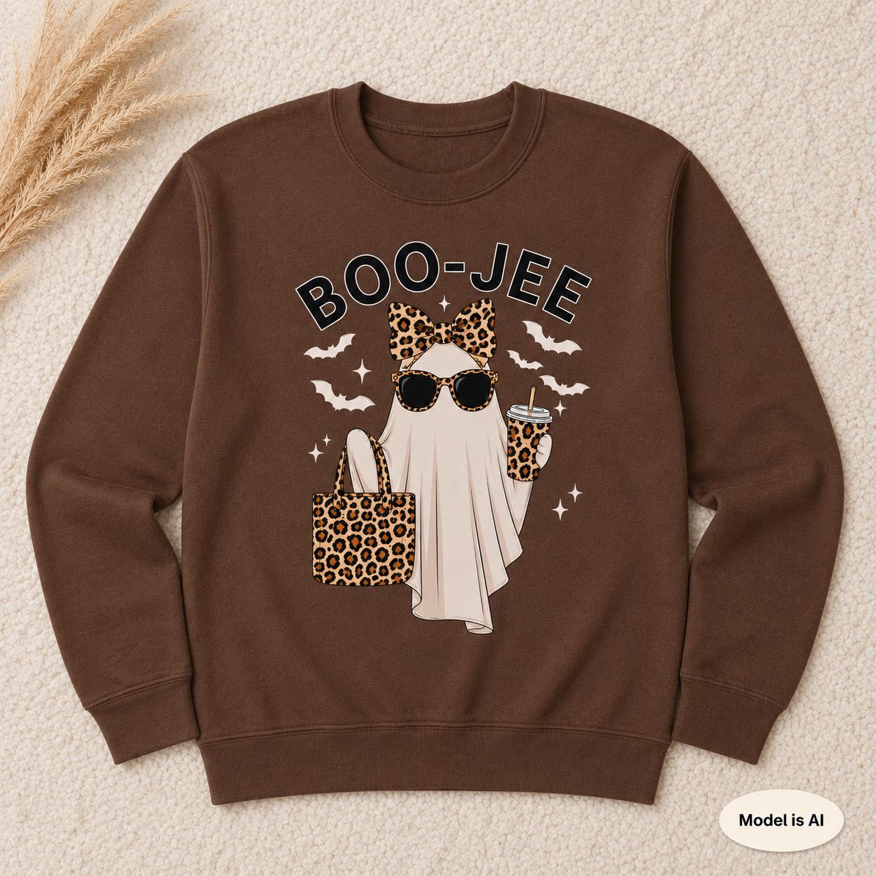Cocoa Brown BOO-JEE Halloween Ghost Sweatshirt with leopard print ghost graphic displayed flat on a cream textured background