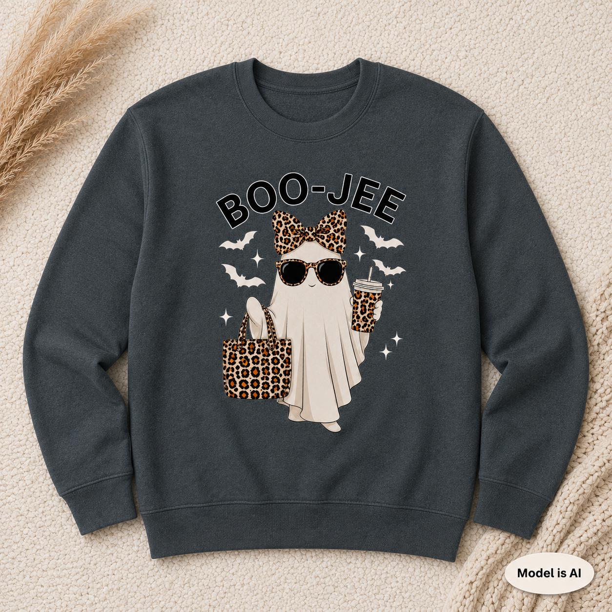 Dark Heather Gray BOO-JEE Halloween Ghost Sweatshirt with leopard print ghost graphic displayed flat on a cream textured background