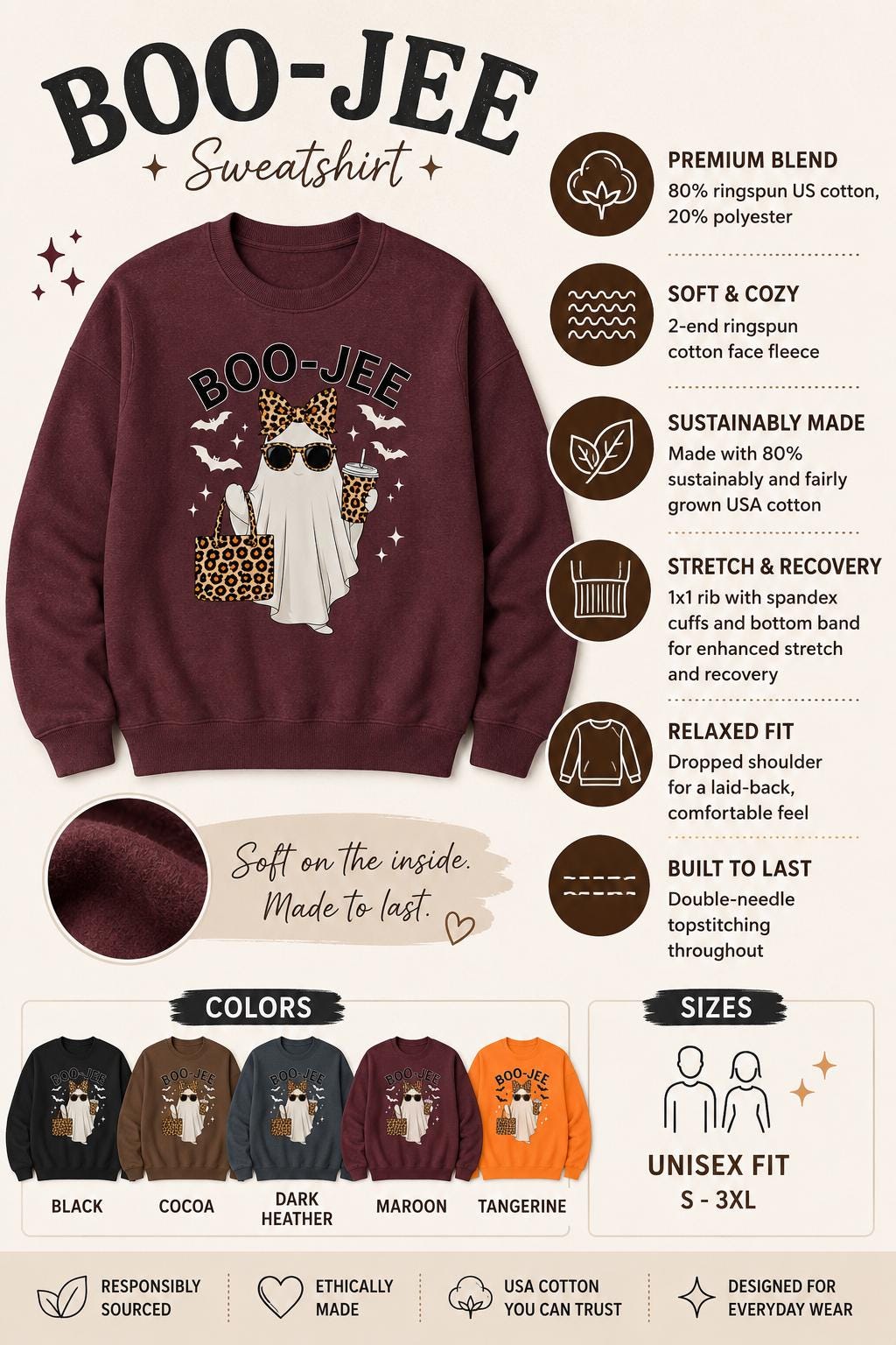 BOO-JEE Halloween Ghost Sweatshirt materials and features guide showing 80/20 cotton blend fleece, unisex fit, sizes S–3XL, and available colors