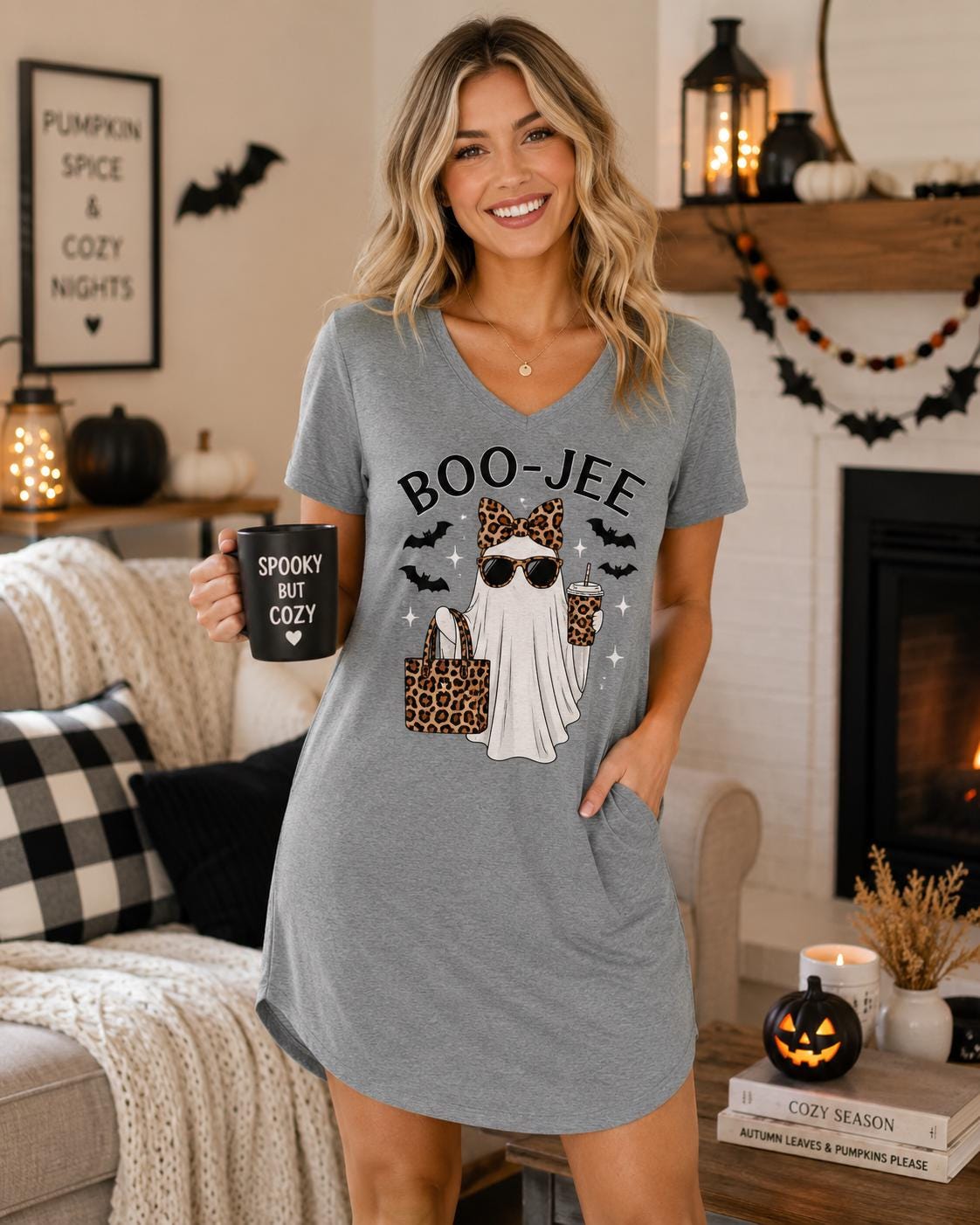 Gray BOO-JEE Ghost Halloween Sleep Shirt with leopard print ghost graphic modeled in a cozy Halloween setting