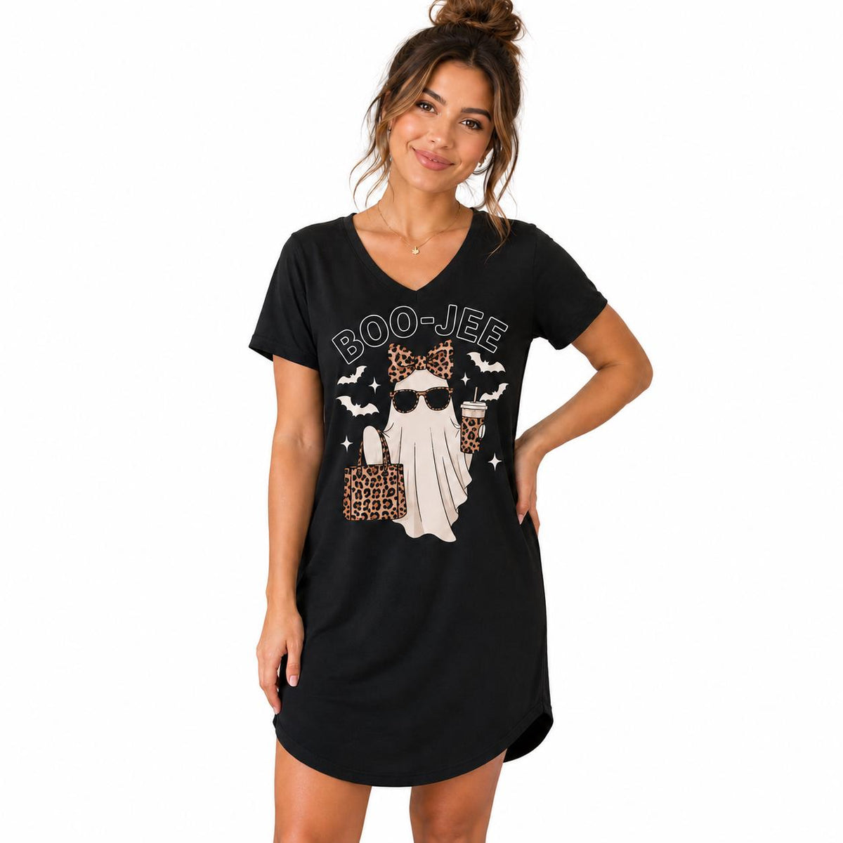 Black BOO-JEE Ghost Halloween Sleep Shirt with leopard print ghost graphic modeled on a white background