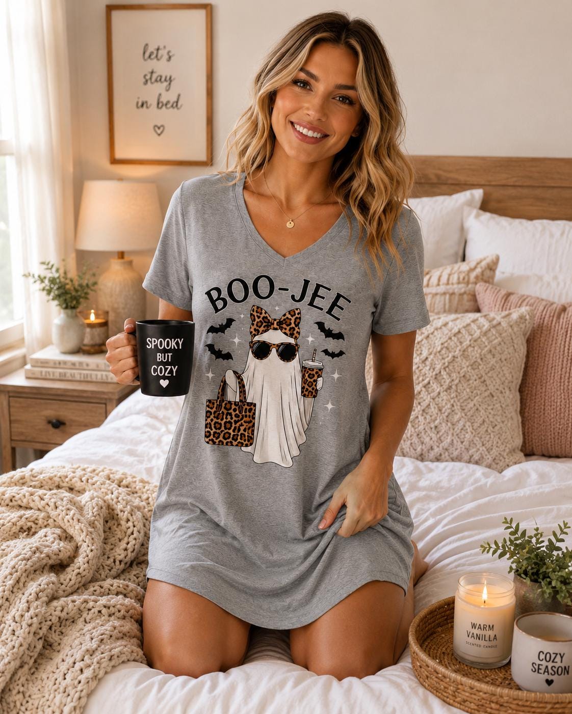 Gray BOO-JEE Ghost Halloween Sleep Shirt with leopard print ghost graphic modeled in a cozy bedroom with a coffee mug
