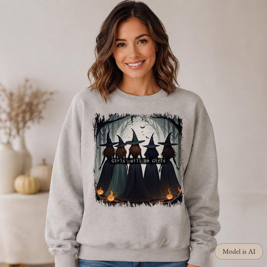 Gray Girls Will Be Girls Witch Sweatshirt with vintage Halloween witch graphic on female model
