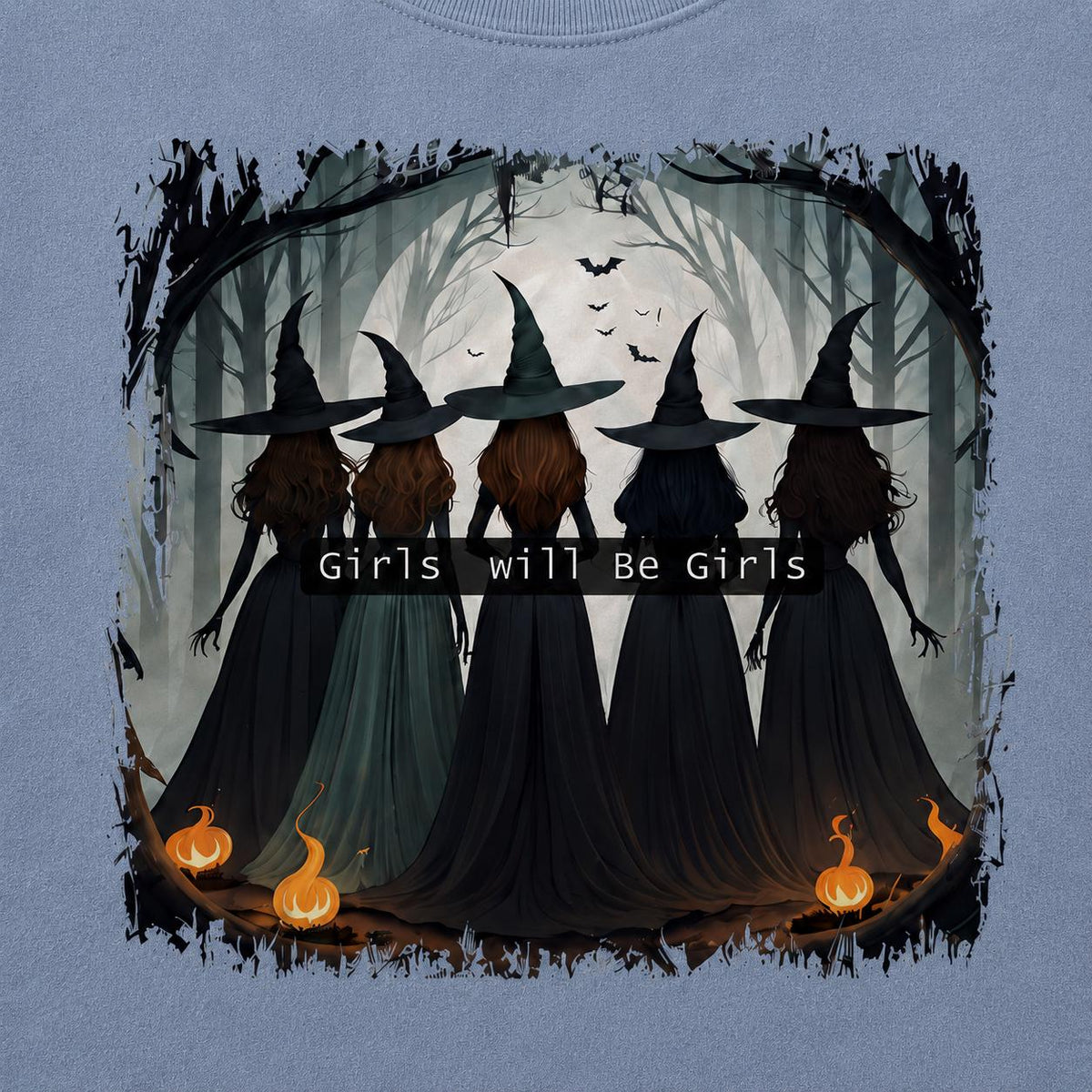 Close-up of Girls Will Be Girls Witch Sweatshirt graphic with five witches, moon, bats and glowing pumpkins
