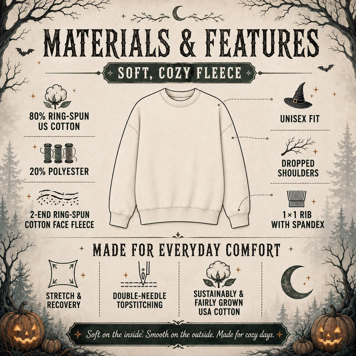 Materials and features for Girls Will Be Girls Witch Sweatshirt with fabric, fit and construction details