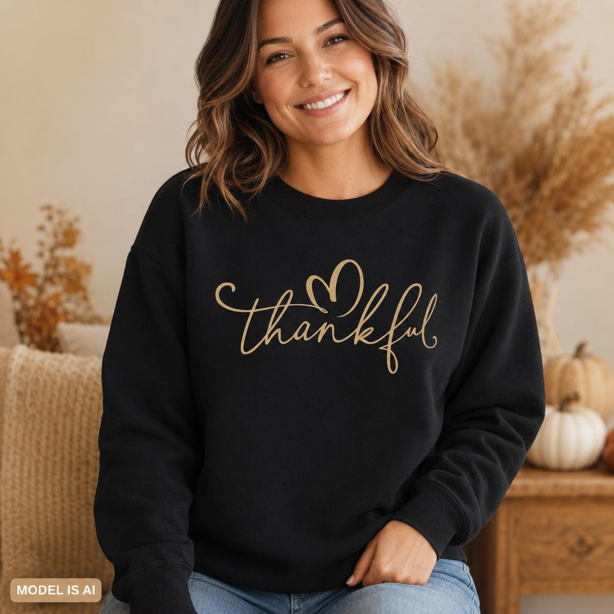 Black Thankful Sweatshirt with gold script heart design styled for fall and Thanksgiving