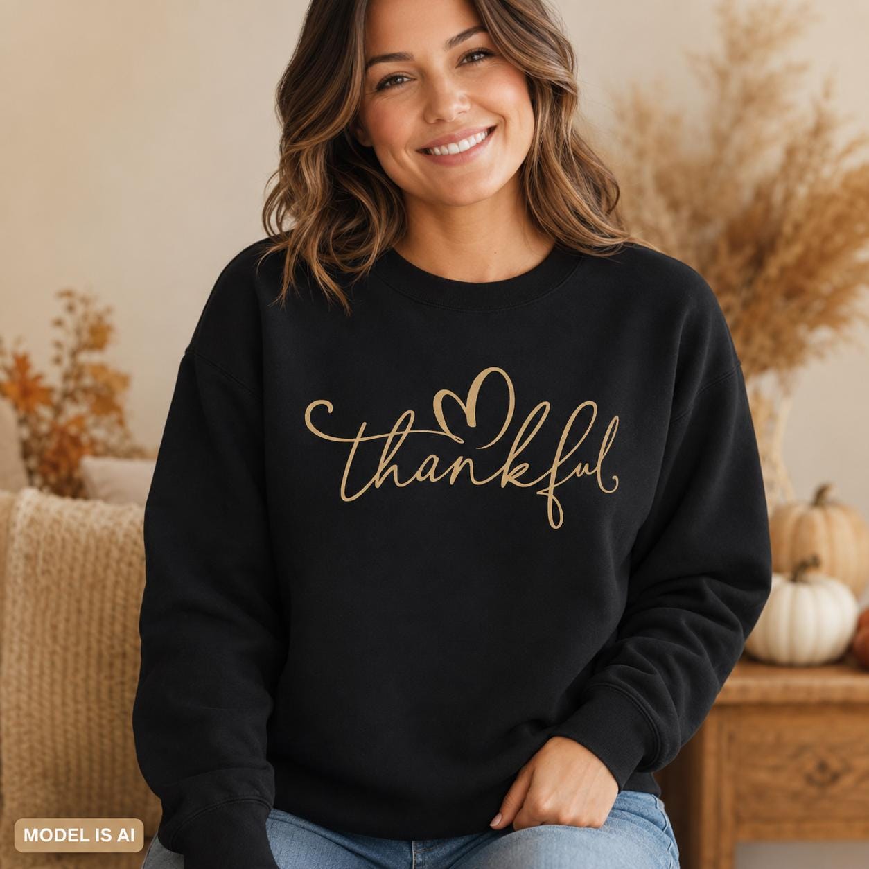 Black Thankful Sweatshirt with gold script heart design styled for fall and Thanksgiving