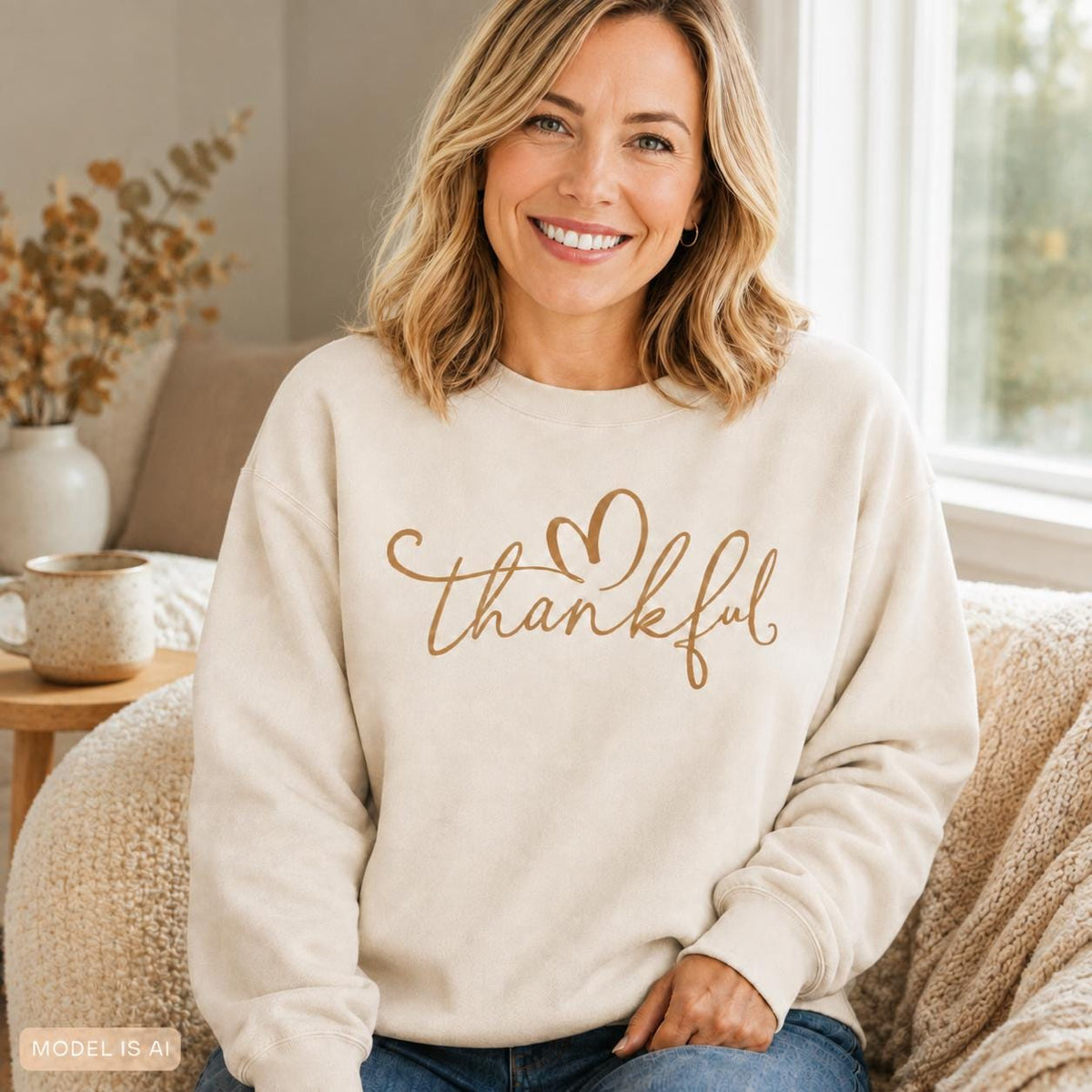 Cream Thankful Sweatshirt with gold script heart design for fall and Thanksgiving 