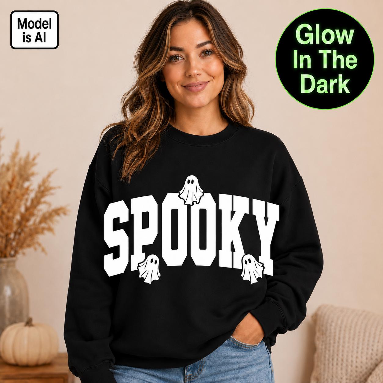 Woman wearing Glow in the Dark Halloween Sweatshirt, Spooky Sweatshirt, Halloween Sweatshirt, Halloween Gift, Spooky Season Shirt, Ghost Halloween