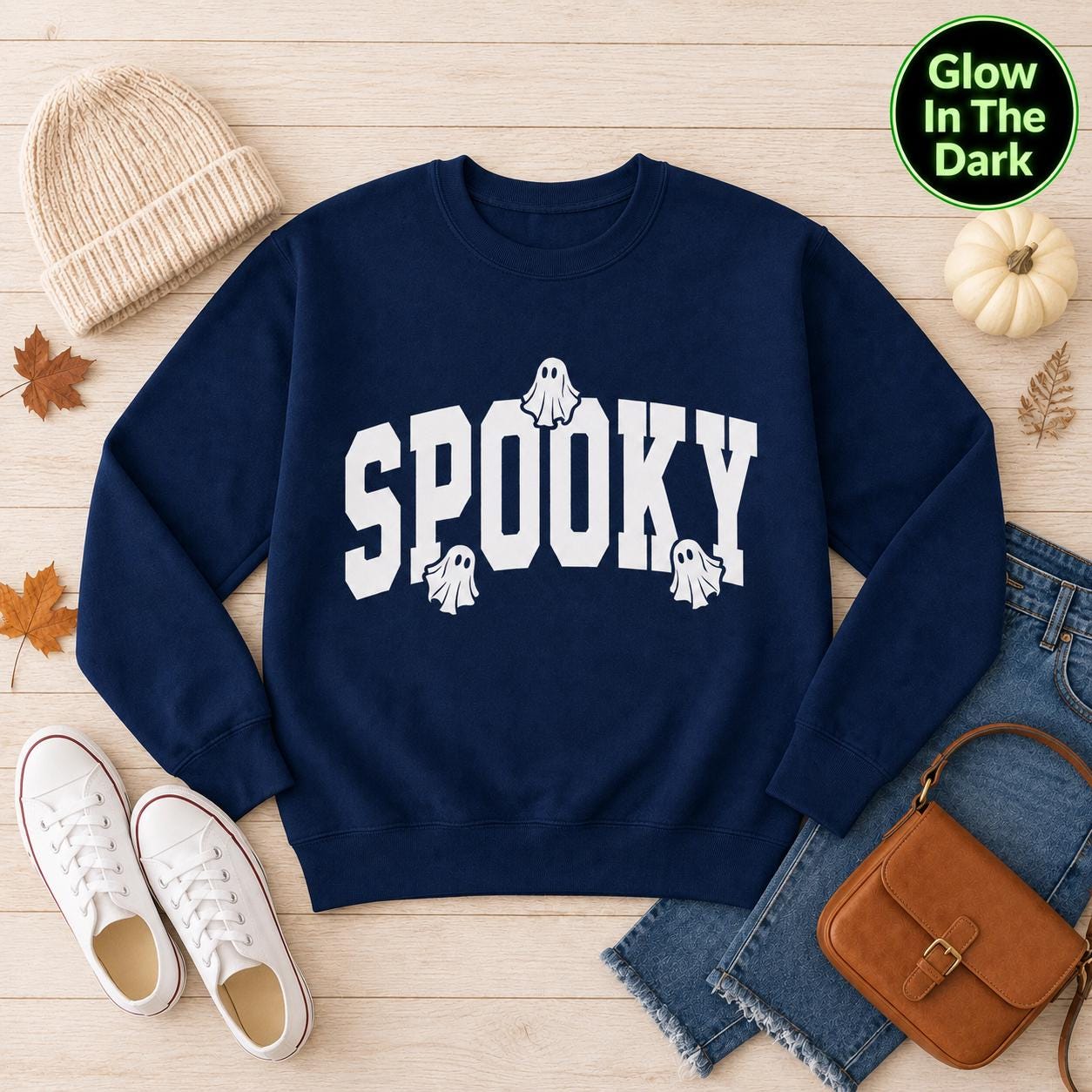 Navy Glow in the Dark Halloween Sweatshirt, Spooky Sweatshirt, Halloween Sweatshirt, Halloween Gift, Spooky Season Shirt, Ghost Halloween