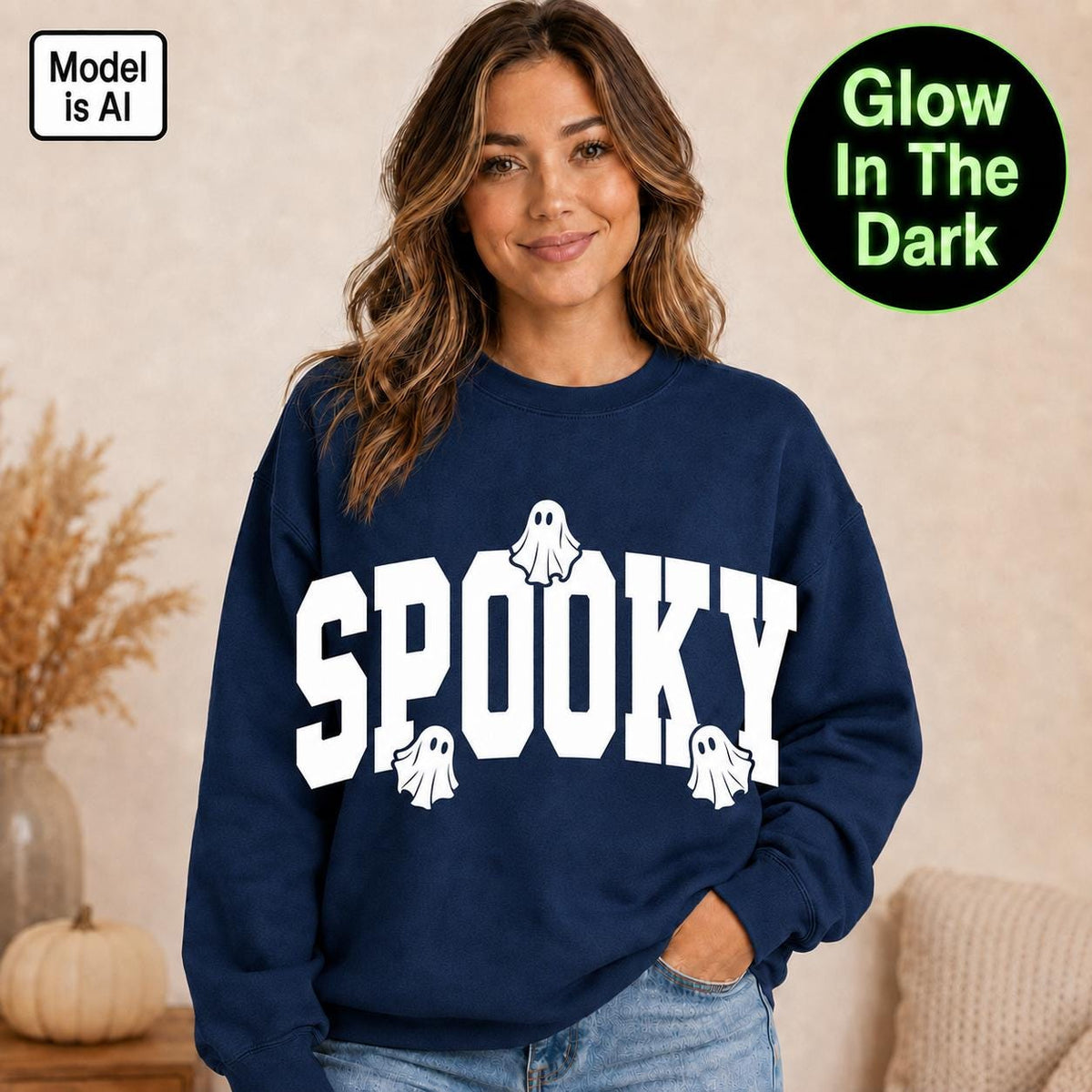 Woman wearing Navy Glow in the Dark Halloween Sweatshirt, Spooky Sweatshirt, Halloween Sweatshirt, Halloween Gift, Spooky Season Shirt, Ghost Halloween