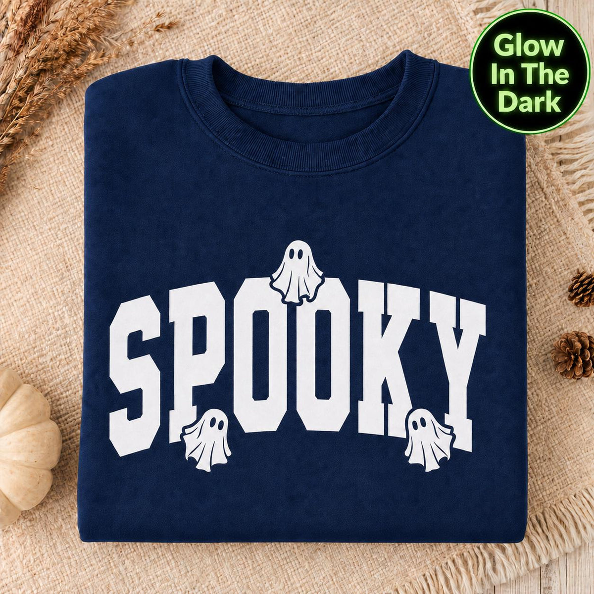 Navy, folded Glow in the Dark Halloween Sweatshirt, Spooky Sweatshirt, Halloween Sweatshirt, Halloween Gift, Spooky Season Shirt, Ghost Halloween