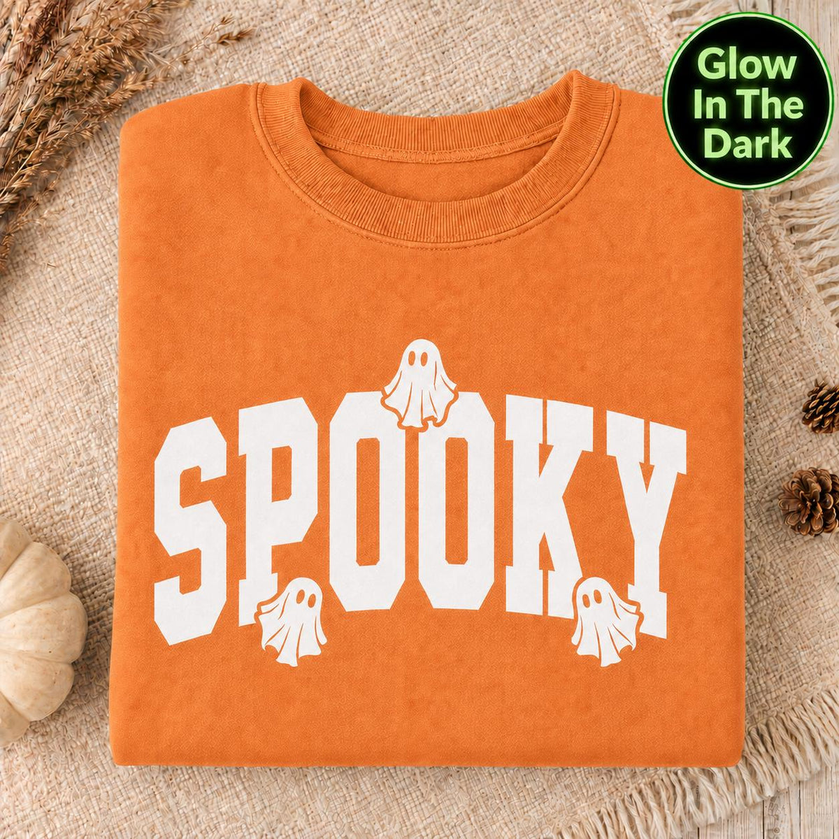Orange folded Glow in the Dark Halloween Sweatshirt, Spooky Sweatshirt, Halloween Sweatshirt, Halloween Gift, Spooky Season Shirt, Ghost Halloween