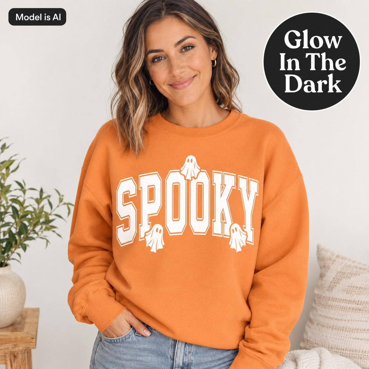 Woman wearing Orange Glow in the Dark Halloween Sweatshirt, Spooky Sweatshirt, Halloween Sweatshirt, Halloween Gift, Spooky Season Shirt, Ghost Halloween
