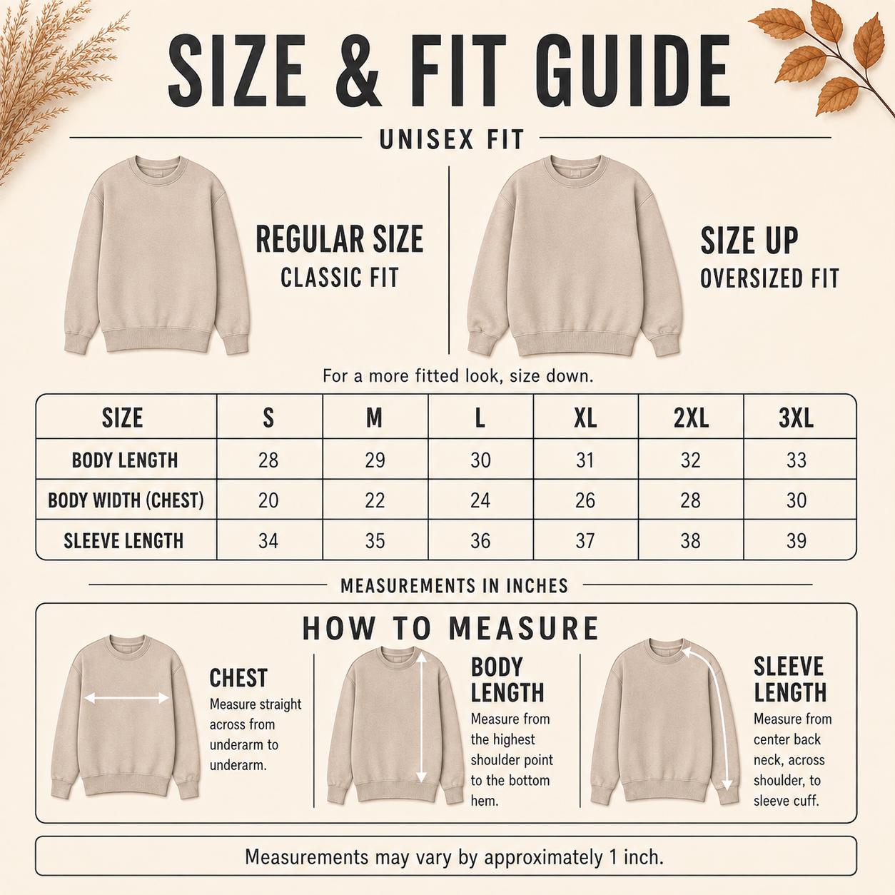 Halloween sweatshirt size and fit guide for unisex crewneck