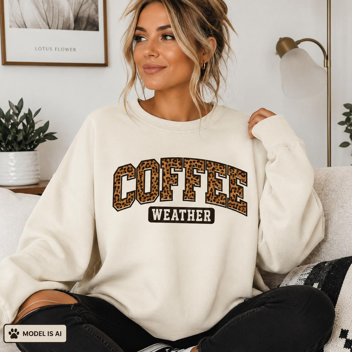 **Alt Text:**
Coffee Weather Sweatshirt with leopard print lettering modeled indoors, cozy cream fall crewneck for coffee lovers
