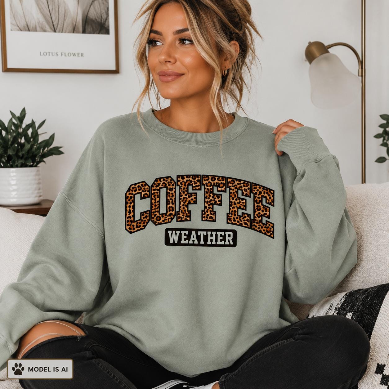 Sage Coffee Weather Sweatshirt with leopard print lettering modeled indoors, cozy fall crewneck for coffee lovers