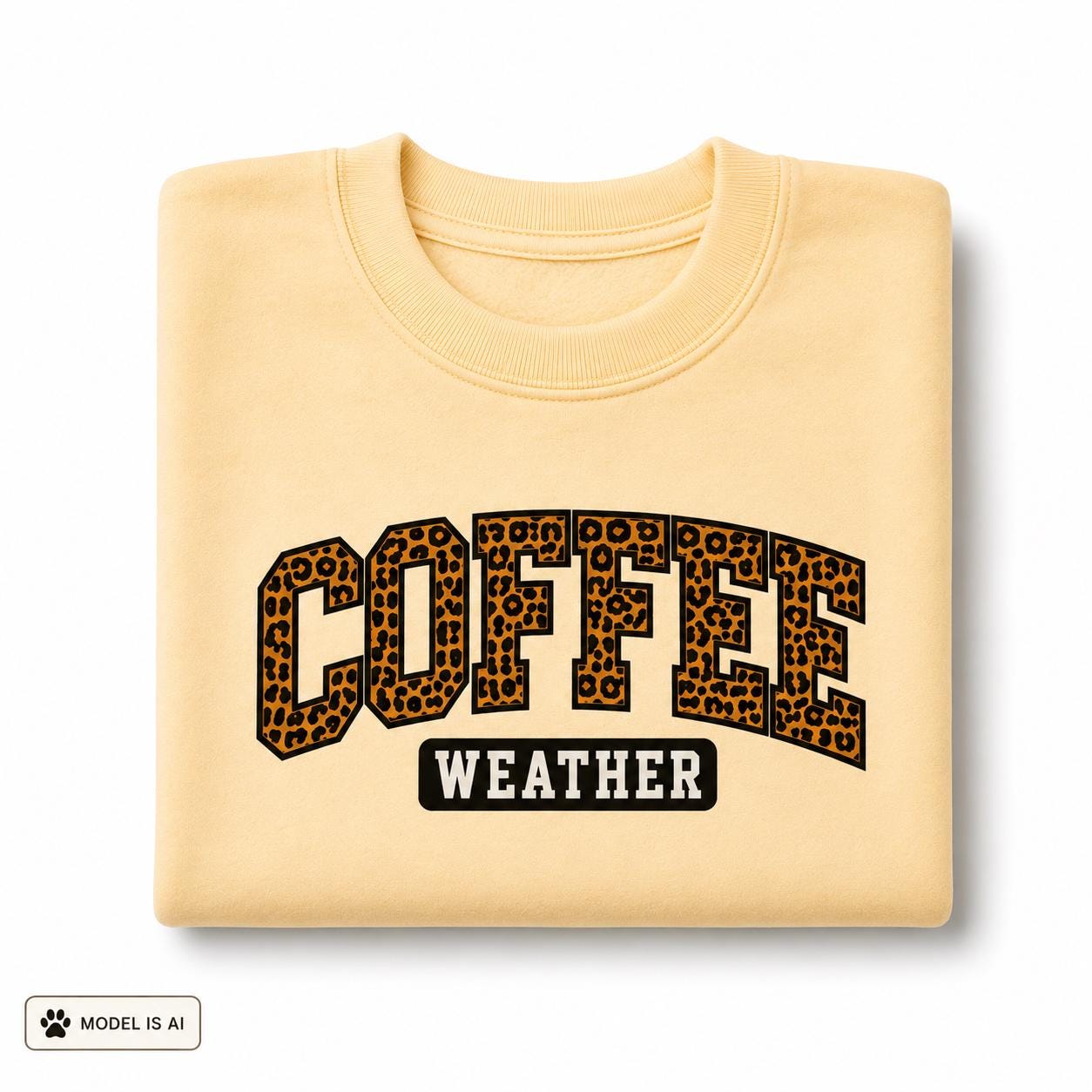 Folded Yellow Haze Coffee Weather Sweatshirt with bold leopard print lettering on a white background