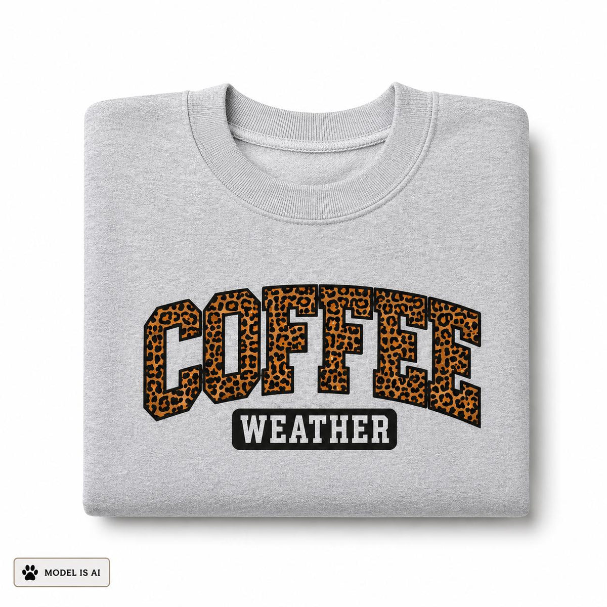 Folded sport gray Coffee Weather Sweatshirt with bold leopard print lettering on a white background