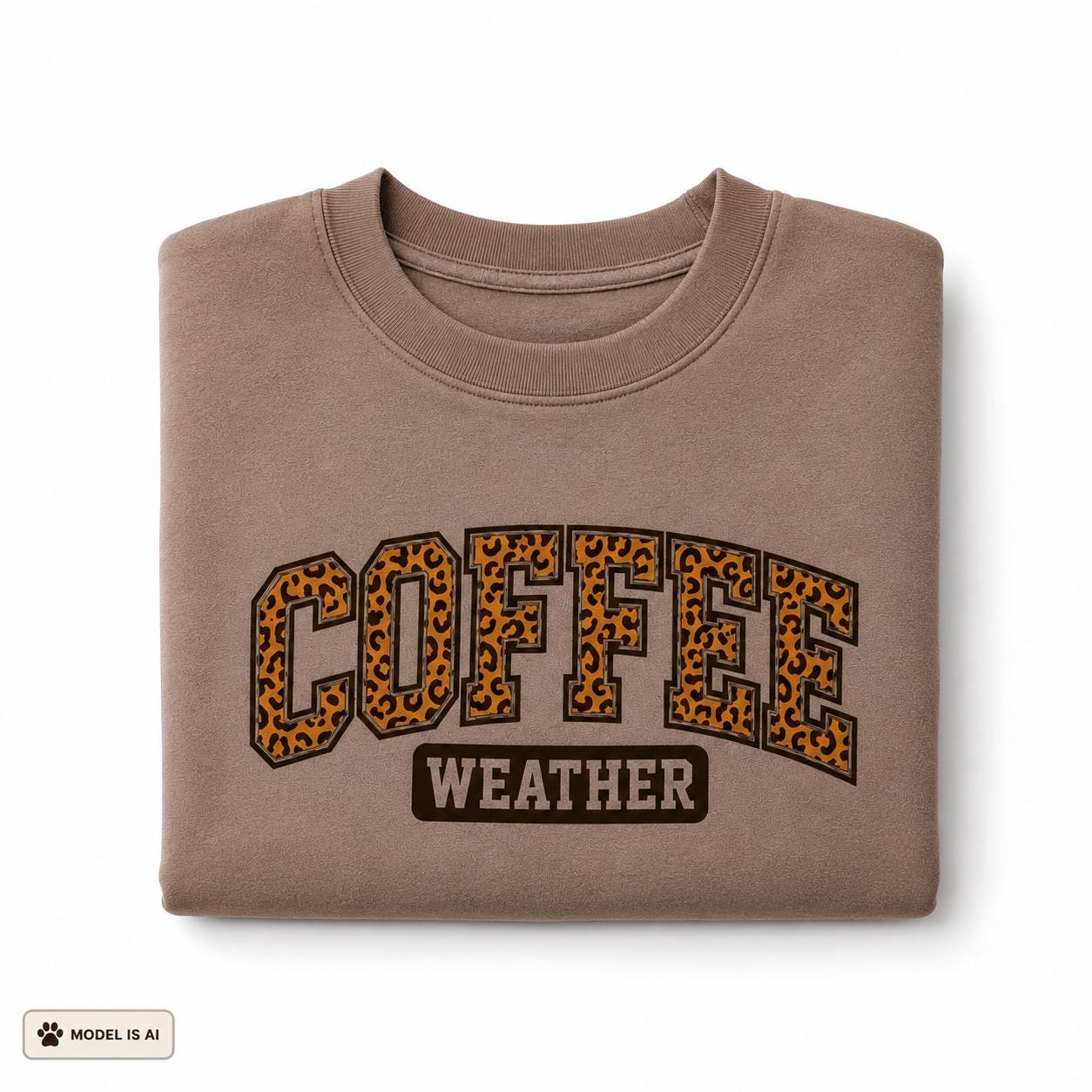 Folded brown Coffee Weather Sweatshirt with bold leopard print lettering on a white background