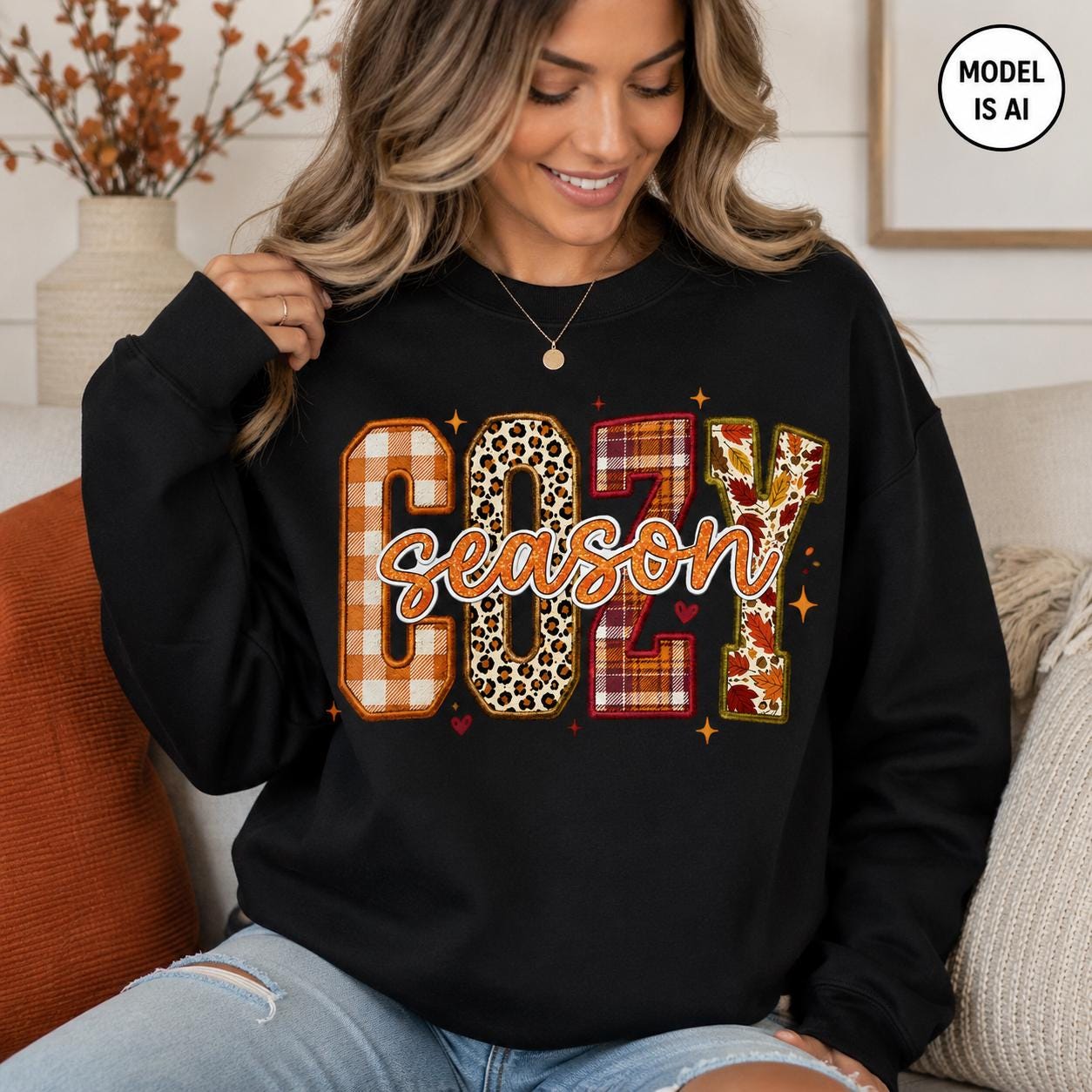 Black Cozy Season Sweatshirt with colorful patchwork fall graphic modeled in a cozy autumn setting

