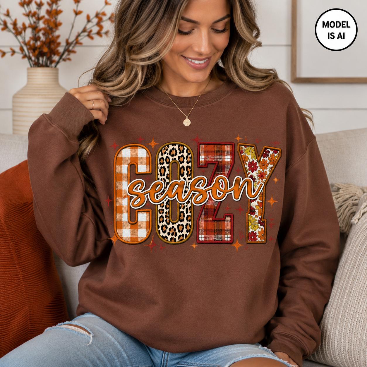 Brown Cozy Season Sweatshirt with colorful patchwork fall graphic modeled in a cozy autumn setting

