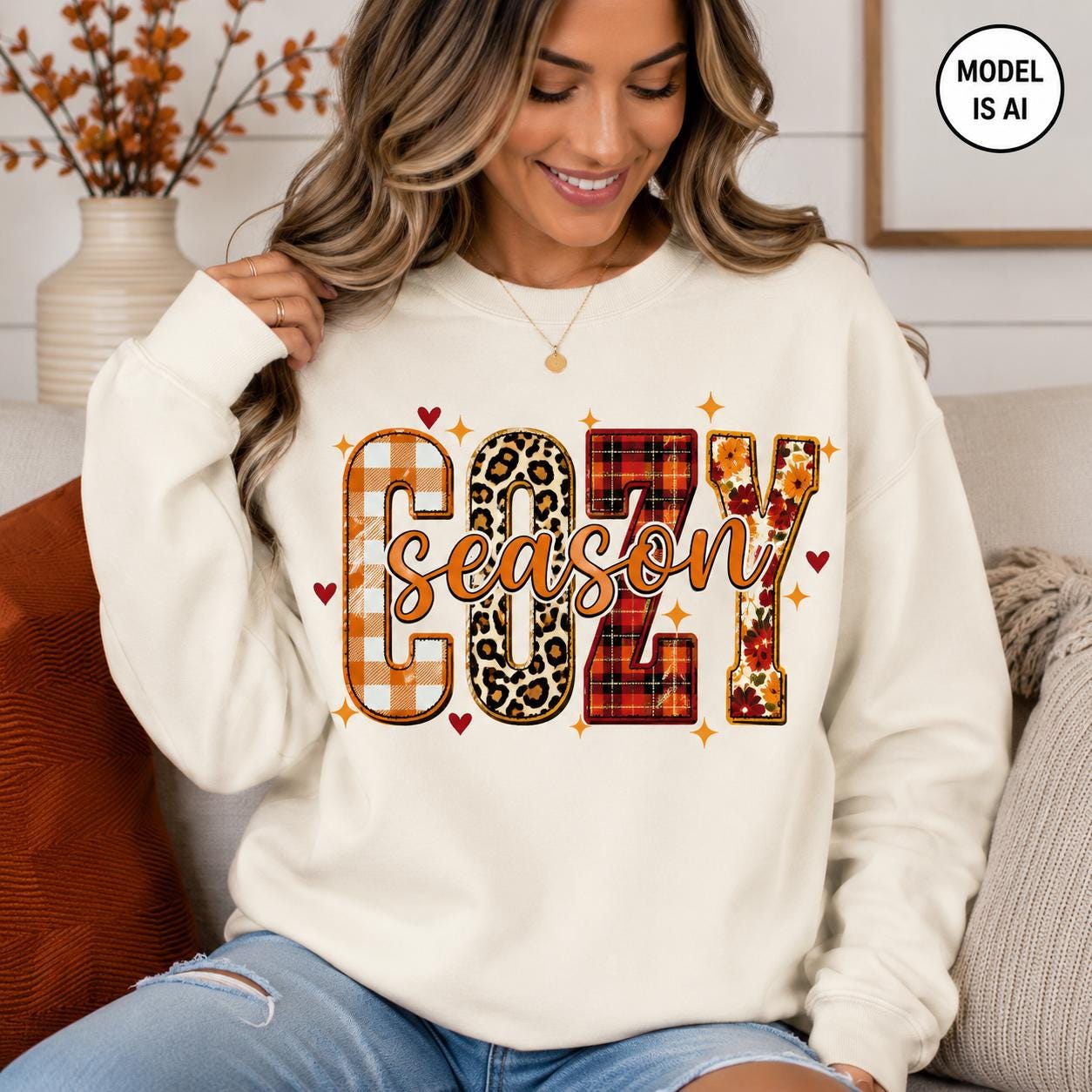 Off White  Cozy Season Sweatshirt with colorful patchwork fall graphic modeled in a cozy autumn setting
