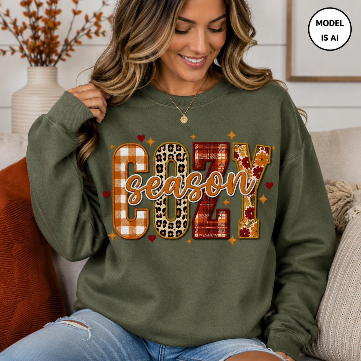 Military Green Cozy Season Sweatshirt with colorful patchwork fall graphic modeled in a cozy autumn setting

