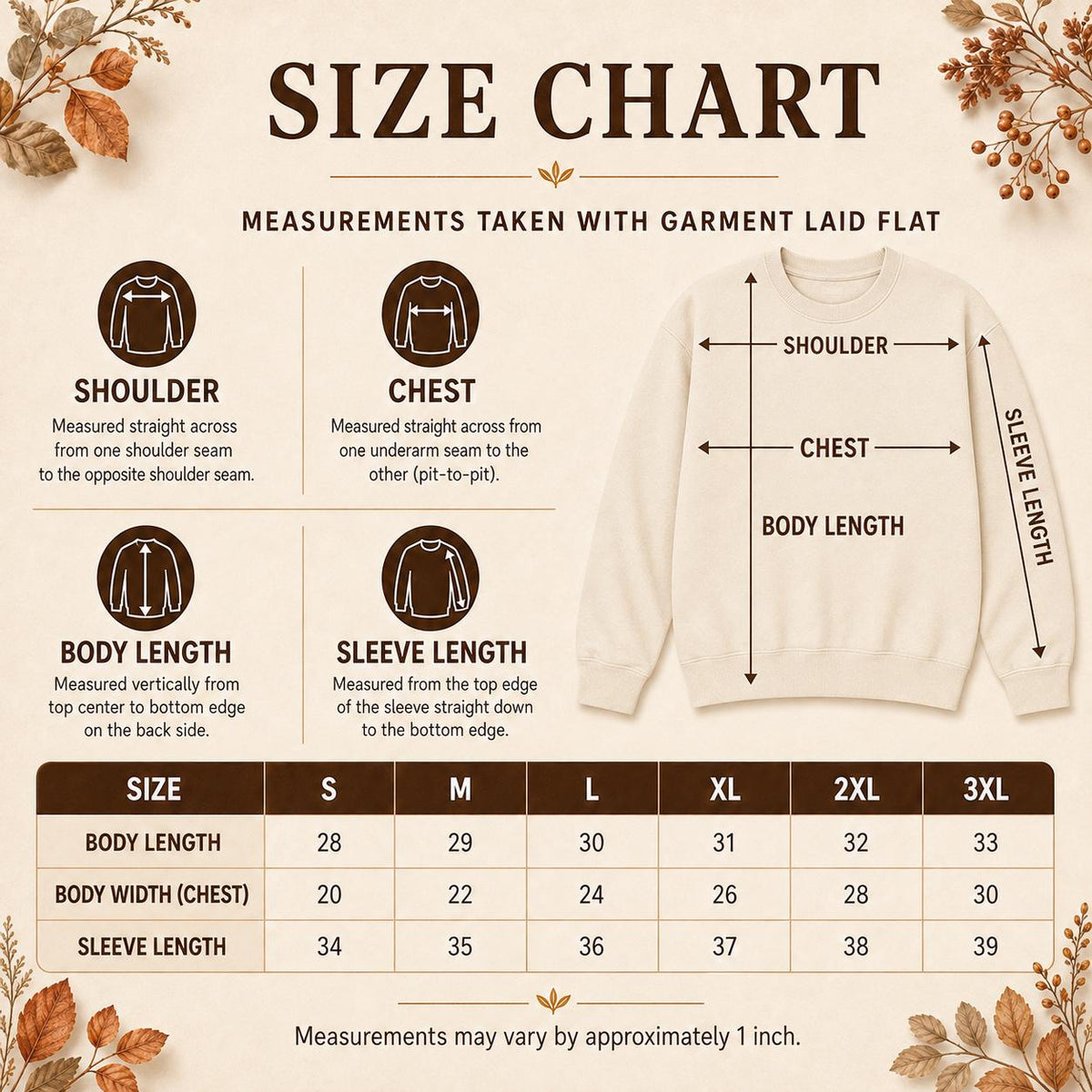 Cozy Season Sweatshirt size chart for unisex crewneck sweatshirt sizes S through 3XL
