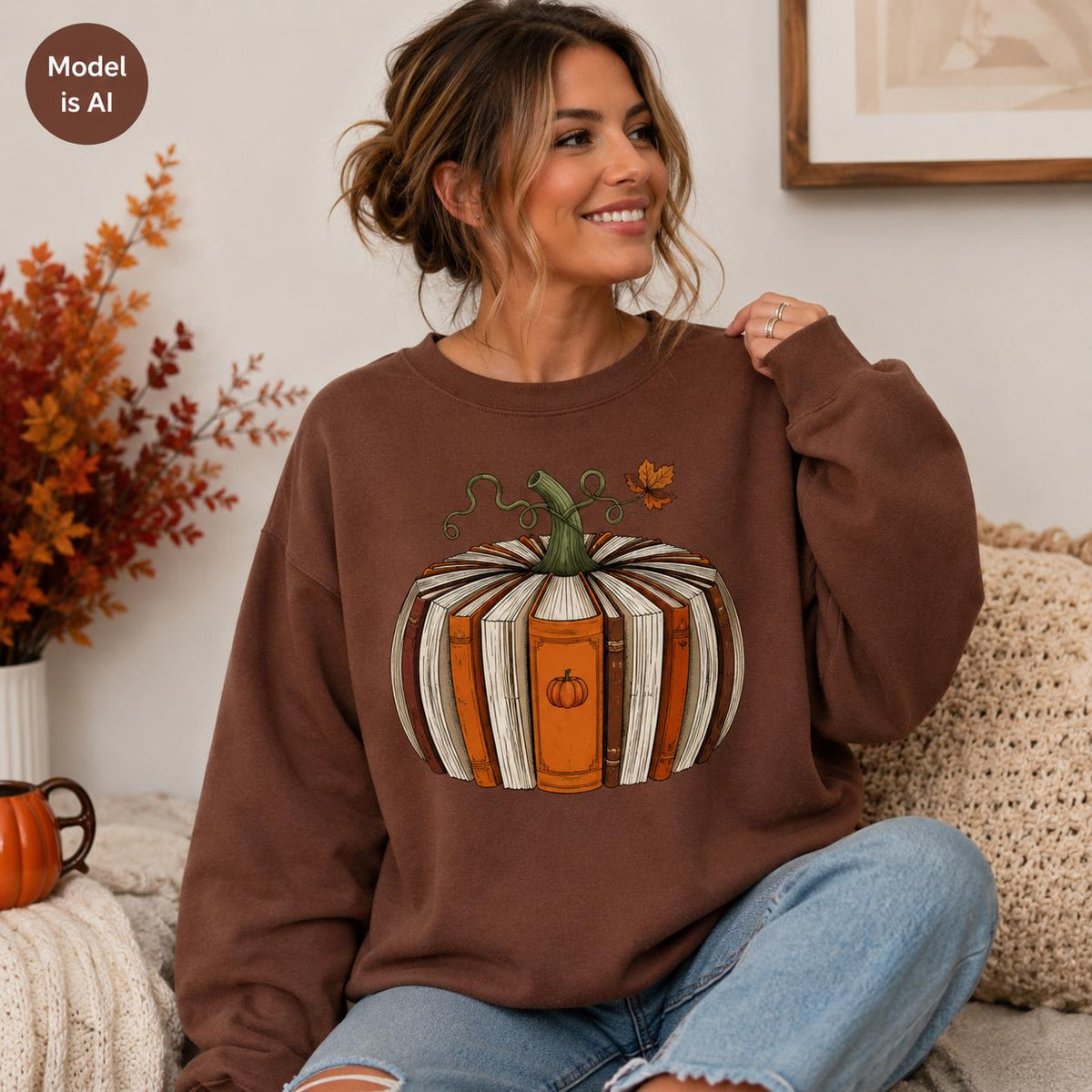 Brown Fall Book Lover Sweatshirt with pumpkin-shaped book graphic modeled in a cozy autumn setting
