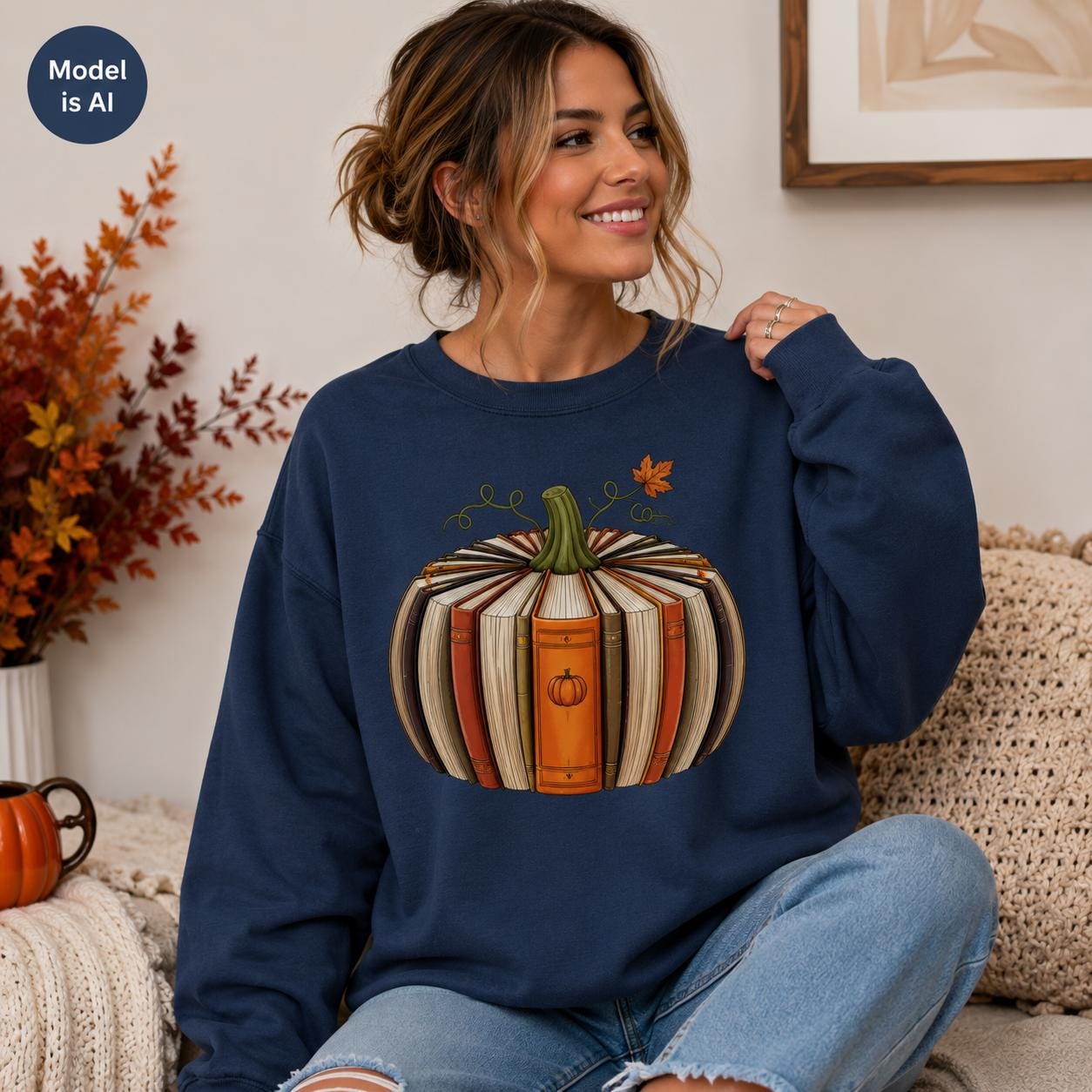 Navy Fall Book Lover Sweatshirt with pumpkin-shaped book graphic modeled in a cozy autumn setting
