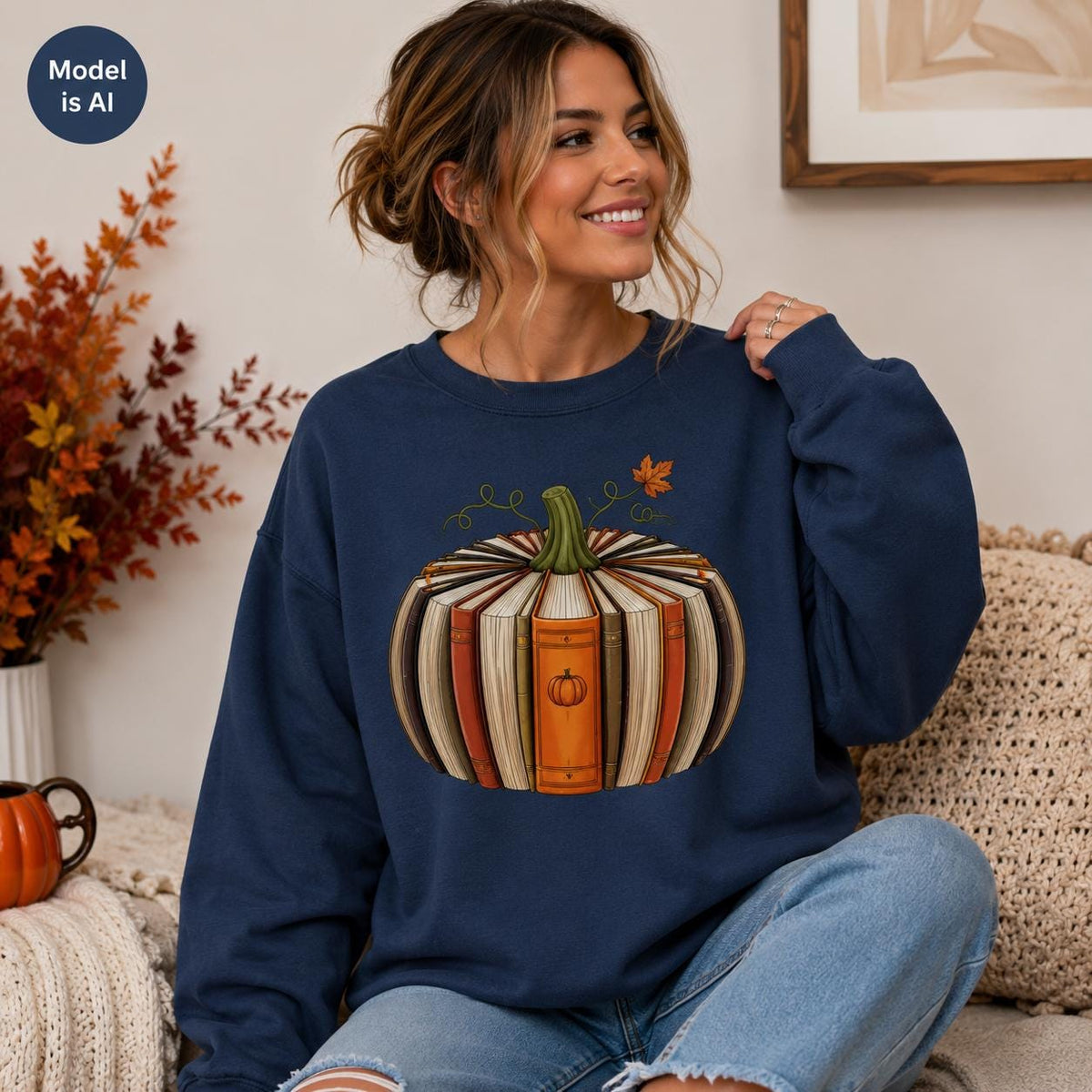 Navy Fall Book Lover Sweatshirt with pumpkin-shaped book graphic modeled in a cozy autumn setting
