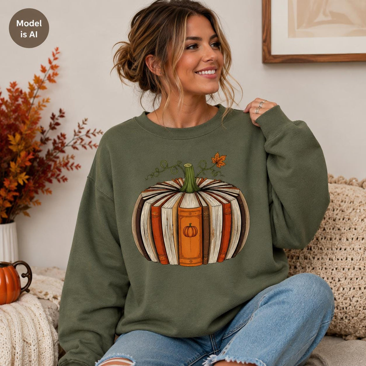 Military green Fall Book Lover Sweatshirt with pumpkin-shaped book graphic modeled in a cozy autumn setting

