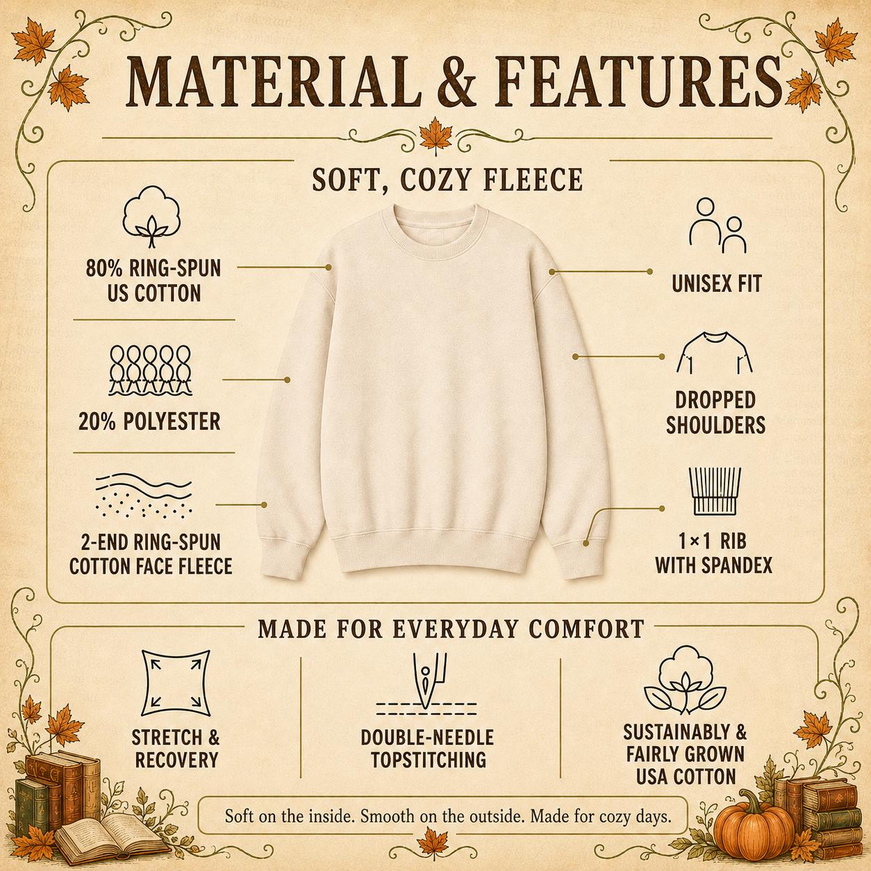 Materials and features for Fall Book Lover Sweatshirt with cotton blend fleece, unisex fit and construction details