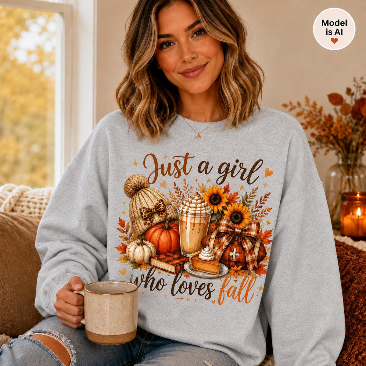 Gray Just a Girl Who Loves Fall Sweatshirt with pumpkin, coffee and sunflower graphic on female model in cozy fall setting