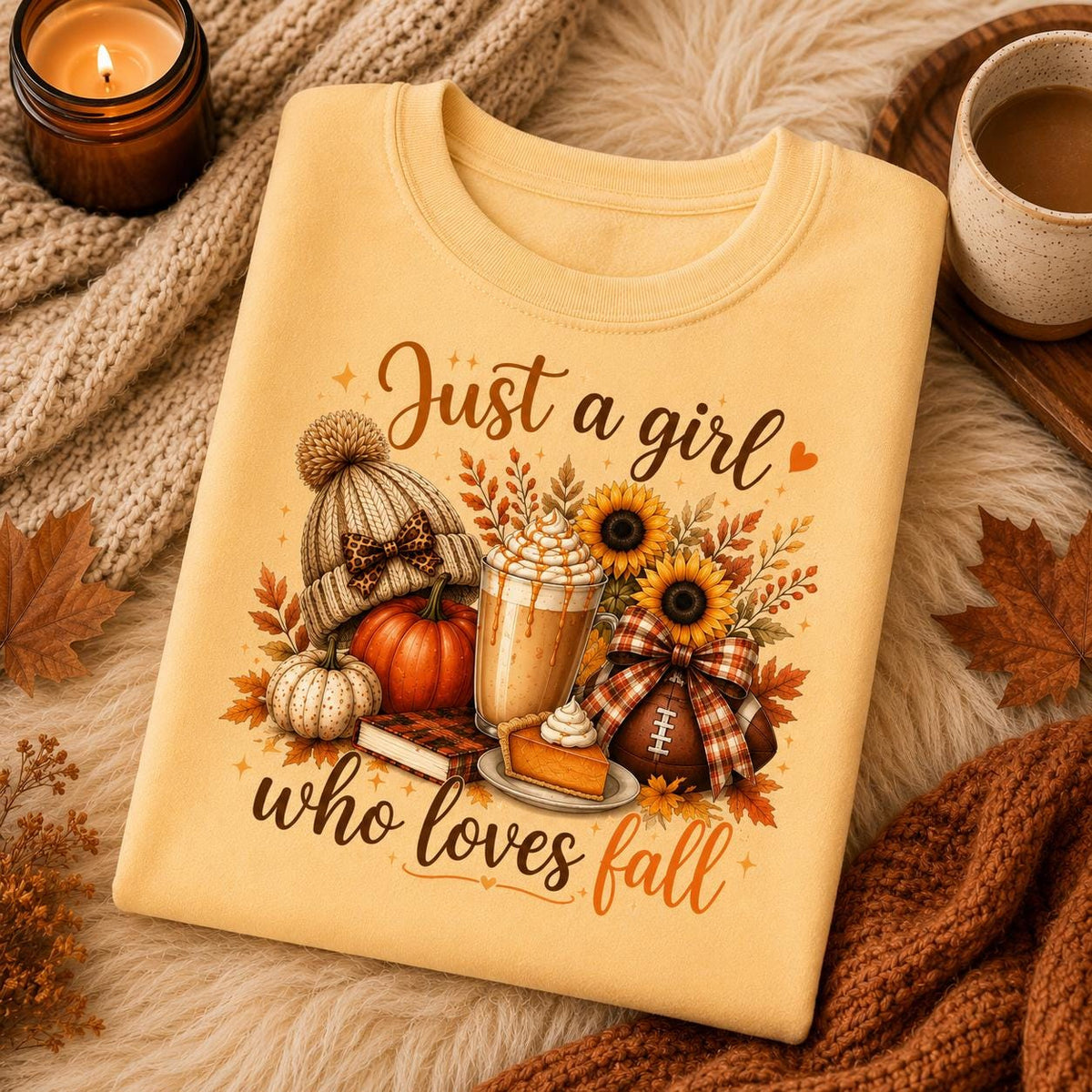 Folded yellow Just a Girl Who Loves Fall Sweatshirt with pumpkin, coffee, sunflower and cozy autumn graphic
