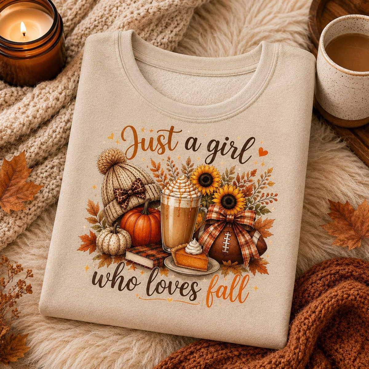 Folded sand Just a Girl Who Loves Fall Sweatshirt with pumpkin, coffee, sunflower and cozy autumn graphic
