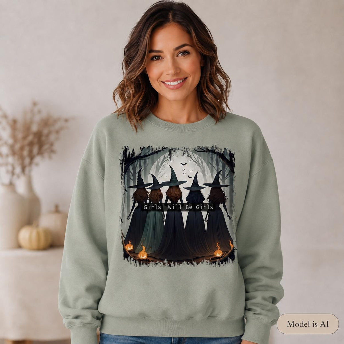 Sage Girls Will Be Girls Witch Sweatshirt with vintage Halloween witch graphic on female model
