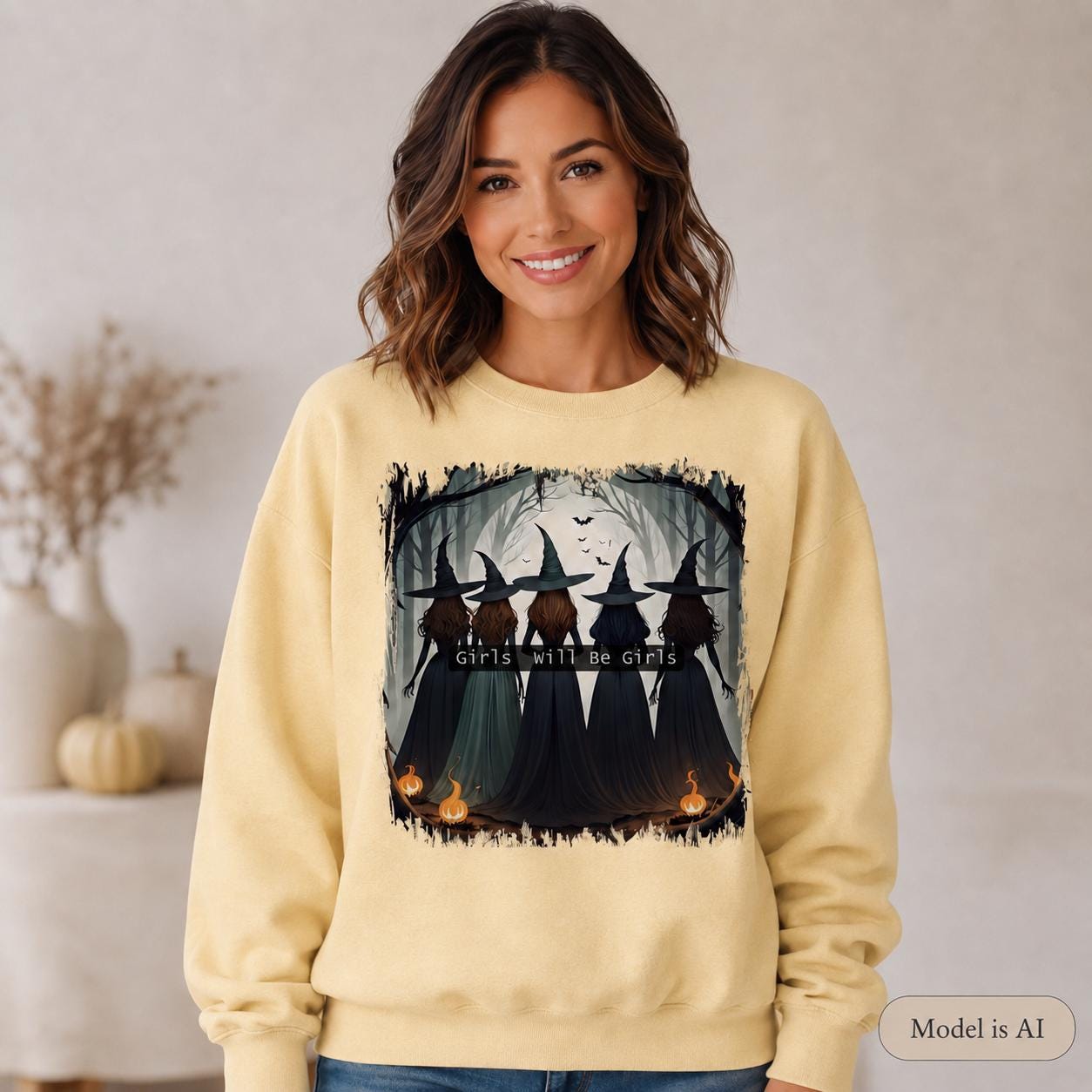 Yellow Girls Will Be Girls Witch Sweatshirt with vintage Halloween witch graphic on female model
