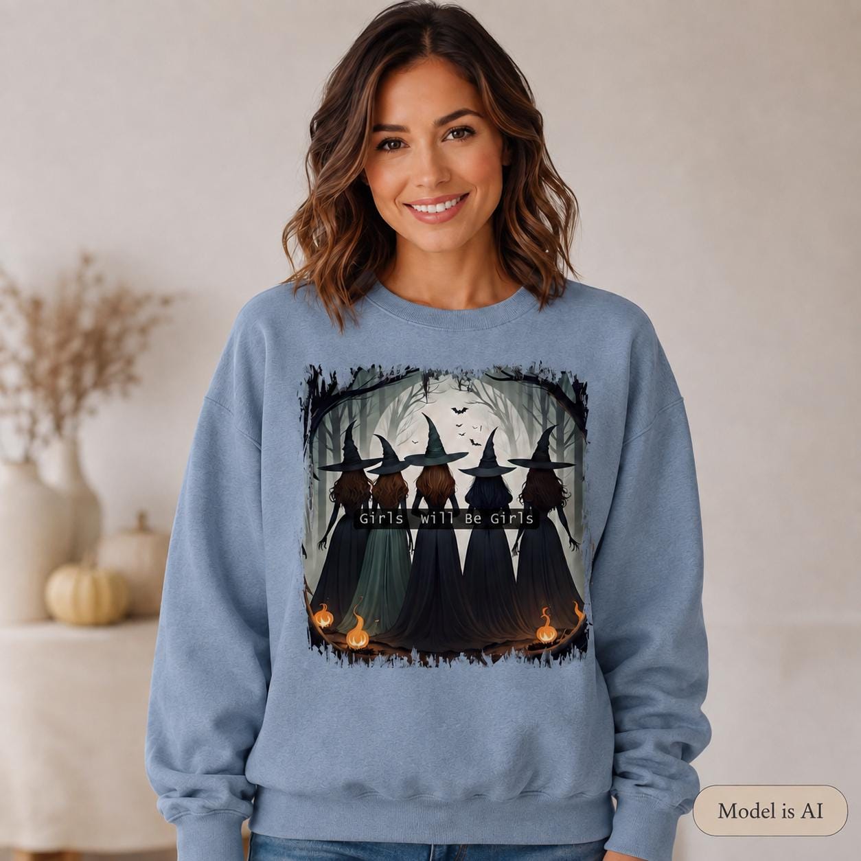 Light blue Girls Will Be Girls Witch Sweatshirt with vintage Halloween witch graphic on female model
